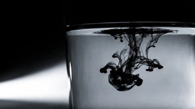 Gota de tinta ramificando na água como uma árvore, em preto e branco