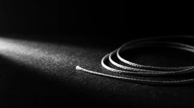 Fio de sutura enrolado sobre superfície escura, em preto e branco