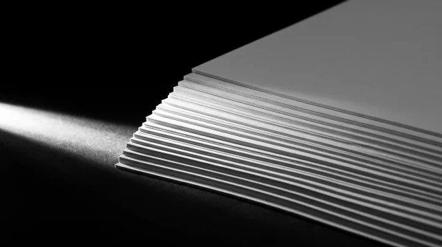 Pilha de folhas de papel vista de lado, cada borda um fio de luz