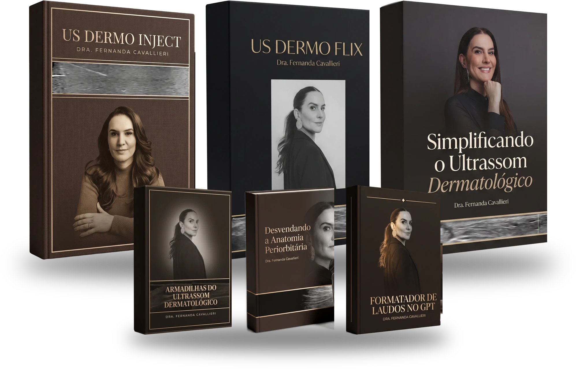 Os seis produtos da linha US Dermo: US Dermo Inject, US Dermo Flix, Simplificando o Ultrassom Dermatológico e as três masterclasses de bônus