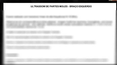 Modelo de laudo de ultrassom de partes moles, com o titulo legivel e o corpo do texto propositalmente desfocado