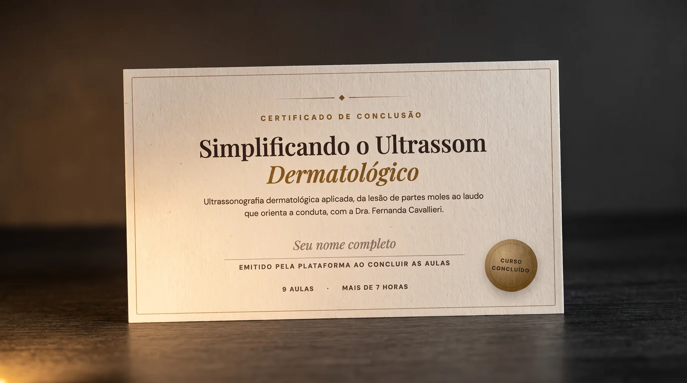 Certificado de conclusao do curso pousado sobre mesa de madeira escura, com o nome do curso, a linha para o nome do aluno, nove aulas e mais de sete horas, e selo dourado de curso concluido