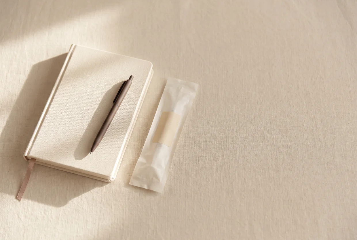 Mesa de consultório com caderno fechado, caneta e um pacote estéril ainda lacrado
