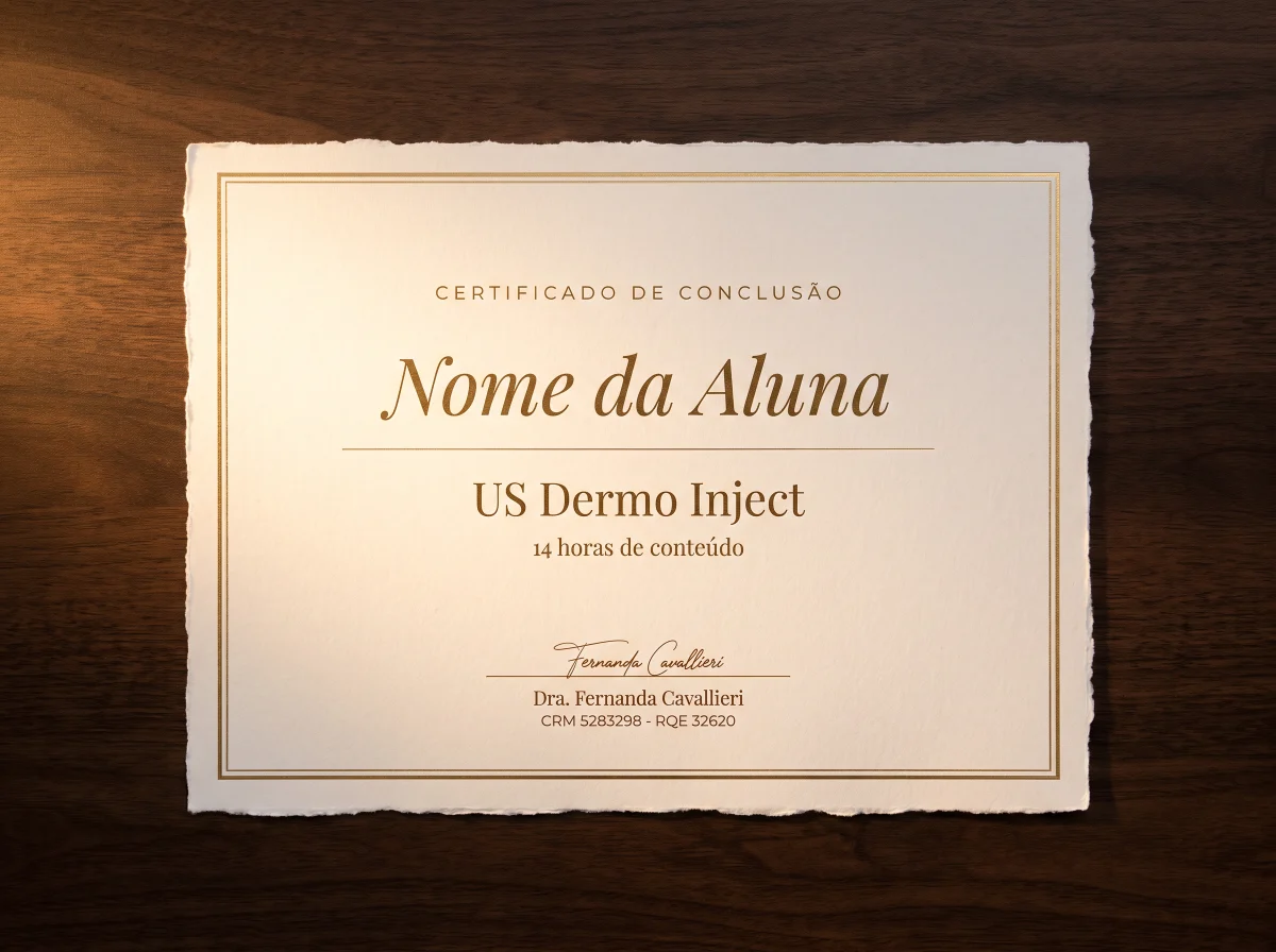 Certificado de conclusão do US Dermo Inject, com 14 horas de conteúdo, assinado pela Dra. Fernanda Cavallieri, CRM 5283298 e RQE 32620