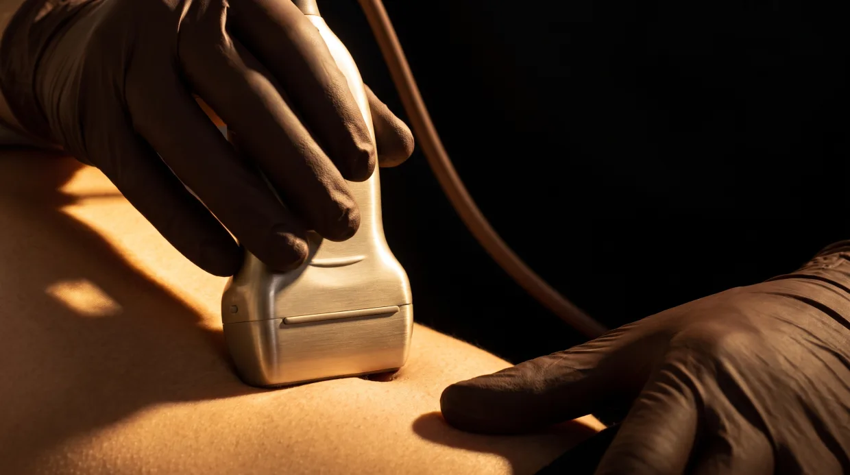 Mão enluvada segurando o transdutor apoiado na pele durante um exame